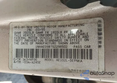 1995 Toyota Corolla Le/Dx from USA, damaged, VIN 1NXAE09B7SZ298502